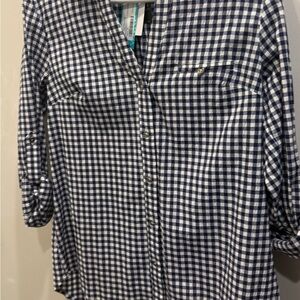 Button up, navy and white checkered three-quarter sleeve black size large